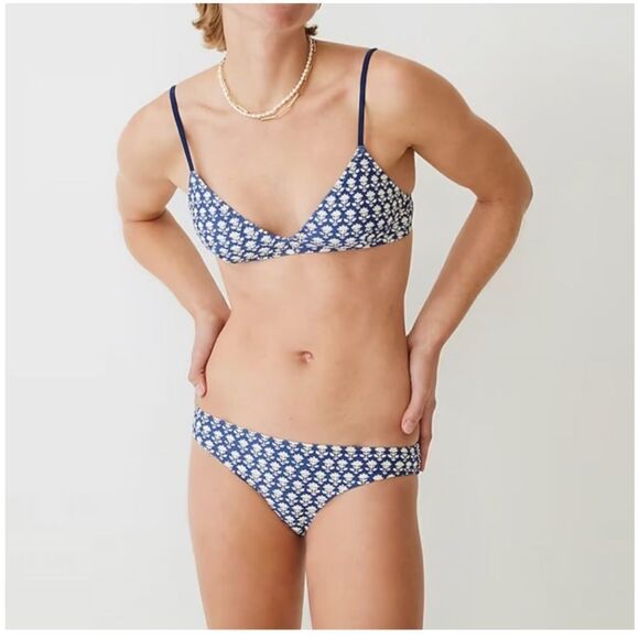 J. Crew French Bikini Swimsuit Blue Stamp Floral - Picture 1 of 12